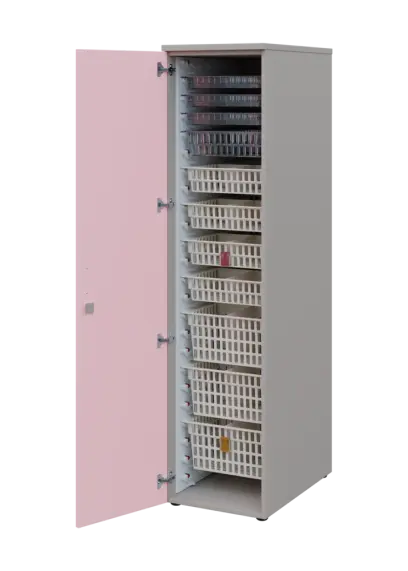 EUROMEDICA D - 46 skříň léková boxová, 1-dveřová, levá, 1950x460x735, korpus šedý, dvířka pastelově růžová